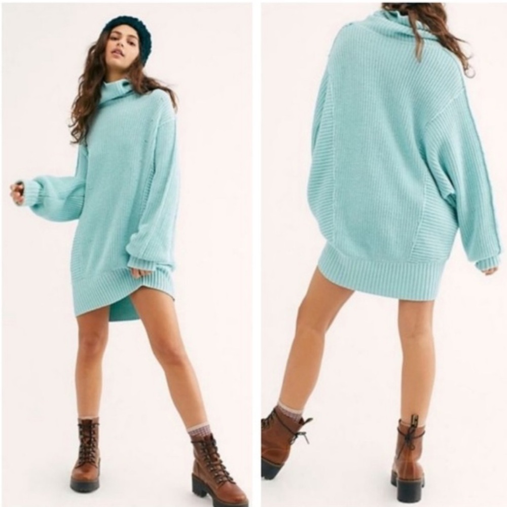 Rare color- Free People Cocoa Aqua Turtleneck Cowl Oversized Sweater/S